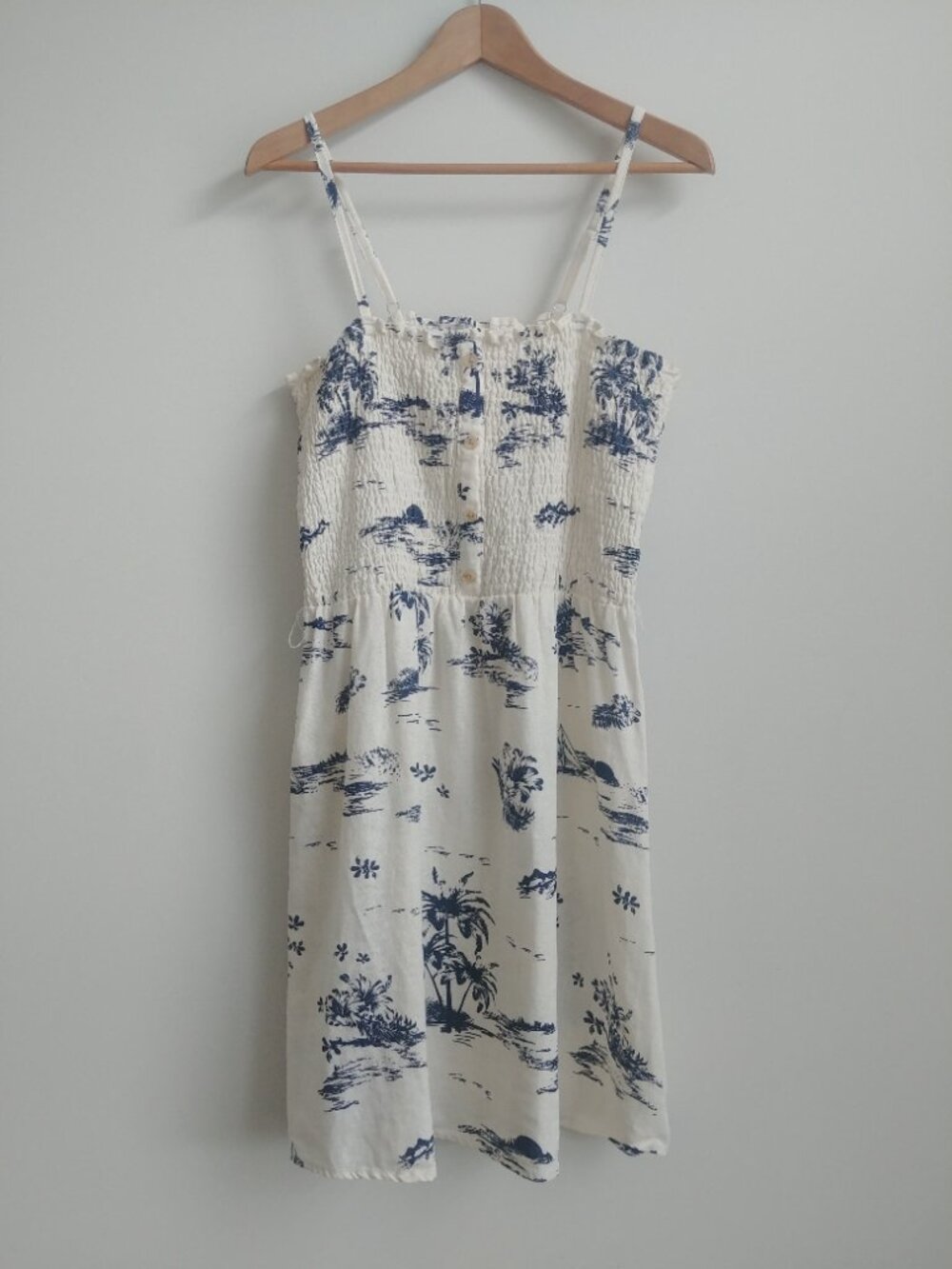 Aeropostale Large linen blend off white cream blue pattern spaghetti strap dress
